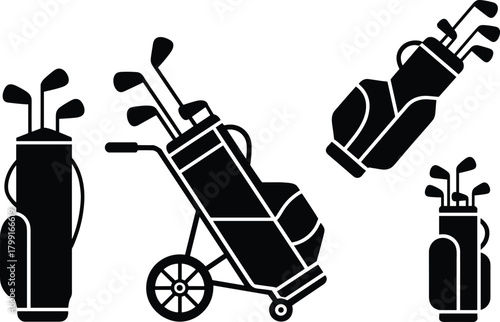Golf bag silhouette collection, various club configurations, sports equipment icons, golfing gear styles, minimal black design set, flat vector illustration