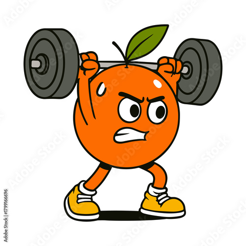 Orange cartoon mascot lifting heavy barbell