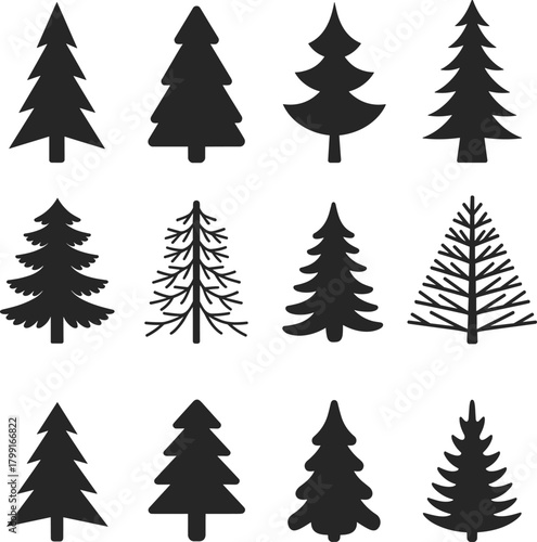 Pine tree silhouette collection, conifer shape icons, forest nature elements, evergreen graphic set, seasonal design assets, flat vector illustration