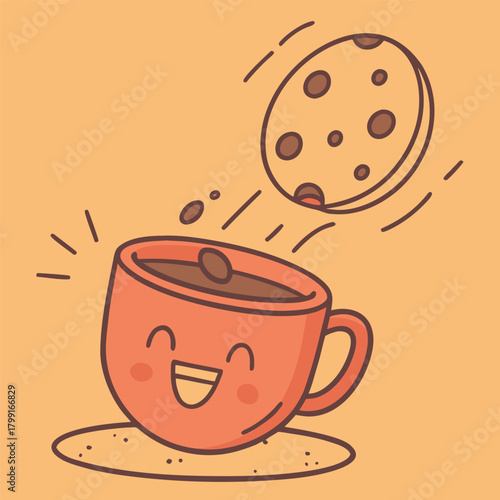 Hot brown espresso cappuccino mocha coffee cup on a saucer with cookies or chocolate for breakfast beverage design vector illustration