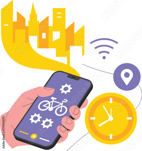 Smart city bike-sharing app, urban mobility technology, GPS tracking system, mobile transport solution, eco-friendly commuting concept, flat vector illustration