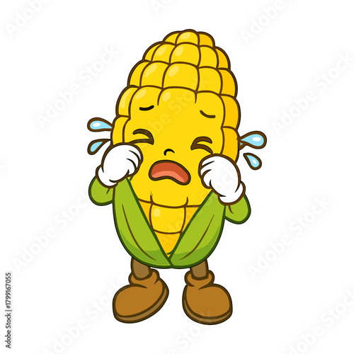 Cartoon corn mascot character is crying alone