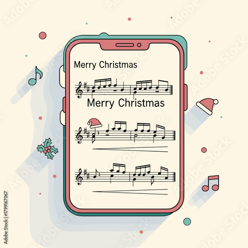 Christmas sheet music displayed on smartphone with festive designs  