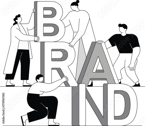 Teamwork building brand identity, collaborative marketing concept, business development strategy, branding process illustration, creative cooperation scene, flat vector illustration