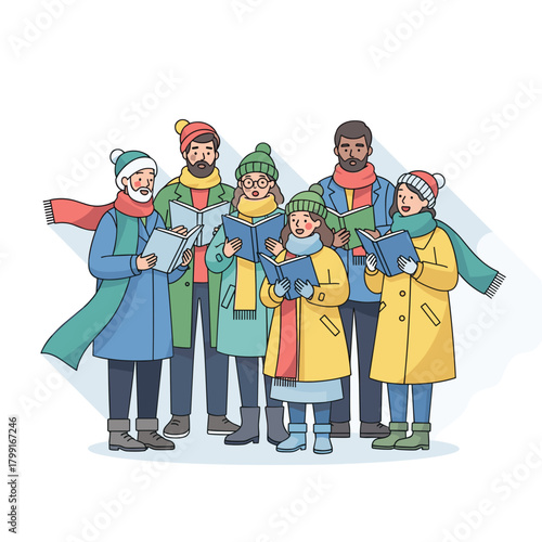 Group of diverse people singing carols in winter clothing outdoors  