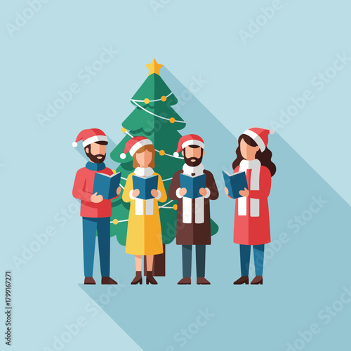 Group of four people singing carols by a decorated Christmas tree  