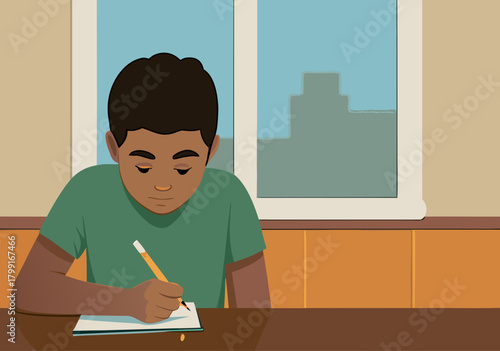 Focused Schoolboy Engaged in Homework by Classroom Window