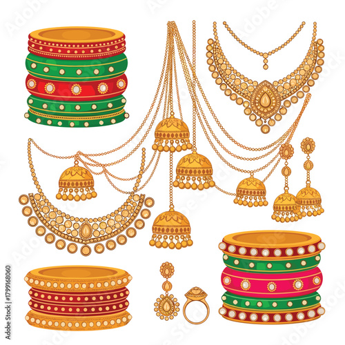 A collection of traditional indian jewelry including bangles, necklaces, earrings, and rings in gold, red, green, and pink, isolated on