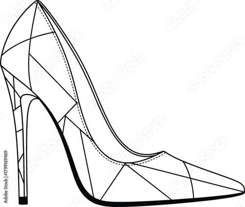 Illustration of a high heel shoe with geometric pattern and black outline on white background