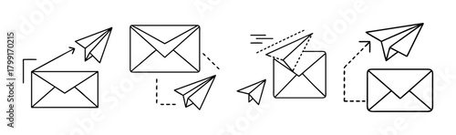 Email and message communication concept icons with paper airplane symbols