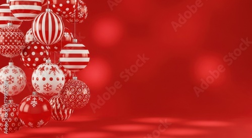 Red and white christmas ornaments with snowflakes, stripes, and polka dots on red.