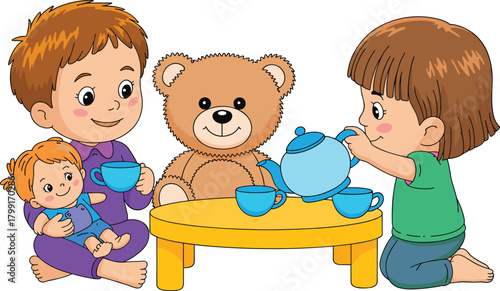 Cute cartoon girls having tea party with teddy bear and dolls, playful childhood scene, fun pretend play illustration in colorful style