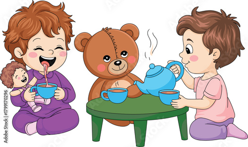 Cute cartoon girls having tea party with teddy bear and dolls, playful childhood scene, fun pretend play illustration in colorful style