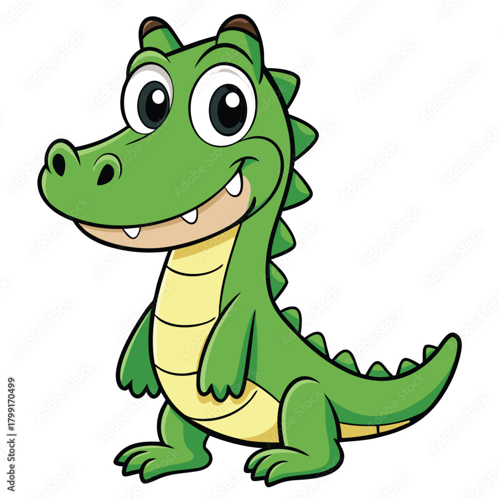 Fototapeta premium Cartoon Green Alligator Standing with Friendly Smile on White Background