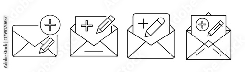 Email compose, add message, edit mail line icons set, vector design