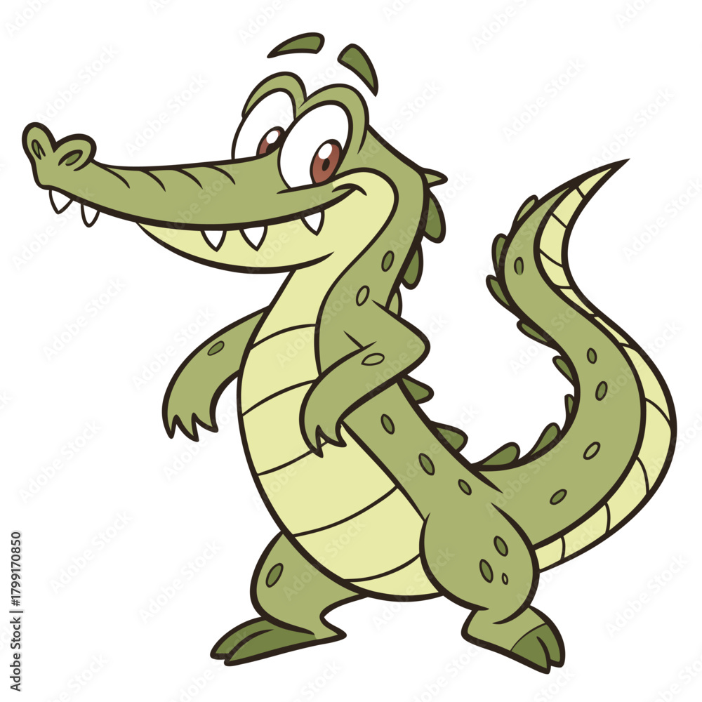 Obraz premium Cartoon Green Crocodile Character Standing Upright With A Smile on White Background