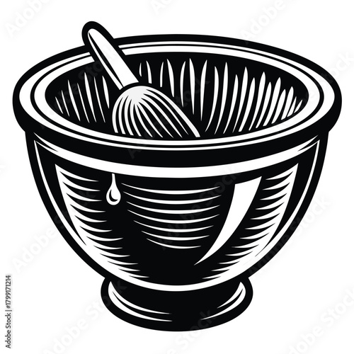 shows a black whisk resting inside a bowl with vectorstyle shading and drop