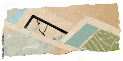 Abstract torn paper collage with textured layers and geometric shapes in earth tones