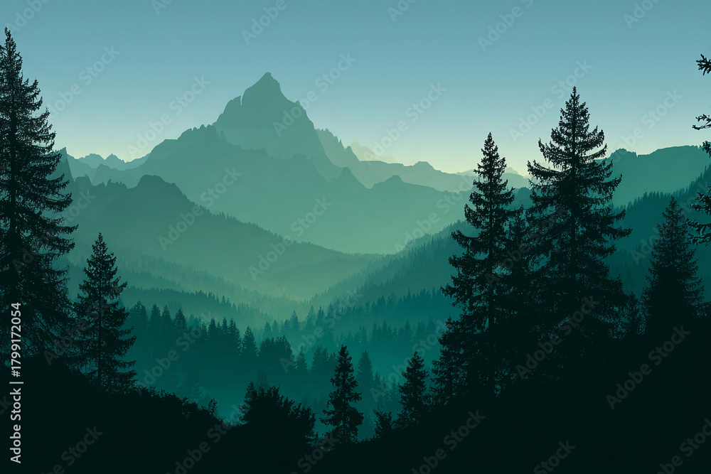 Fototapeta premium Misty mountain range covered in lush green trees under a hazy sky