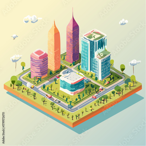 Cityscape isometric with Buildings: A vibrant isometric depiction of a modern cityscape, showcasing a collection of diverse skyscrapers.