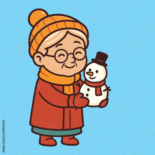 Cheerful Grandmother Holding a Small Snowman with a Top Hat and Scarf.