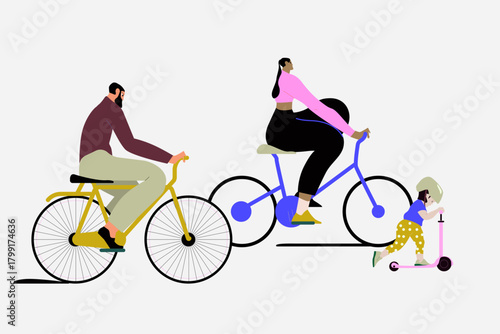Happy family spending time together outdoors riding bicycles and scooters. Active recreation in nature. Father, mother and child on summer vacation. Flat vector illustration.
