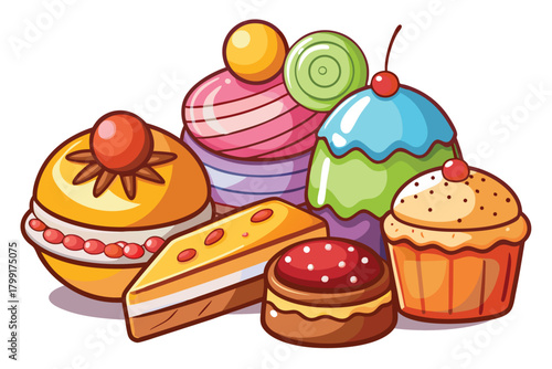 An array of brightly colored, cartoonish pastries and sweets sits against a white background