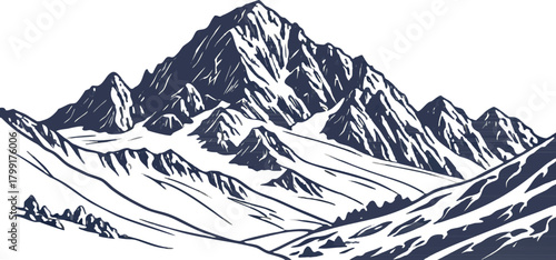 Panoramic desert mountain range in bold black silhouette, sharp clean vector outlines, high-contrast minimalist style, isolated on transparent background.