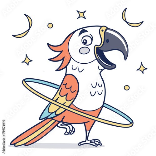 Cartoon Parrot with Hula Hoop, Stars, and Moons on a White Background Art