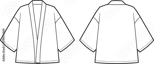 Women’s kimono sleeve jacket fashion flat sketch with wide sleeves, open front design, front and back apparel technical drawing template