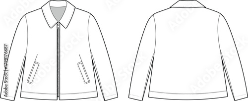 Women’s casual zip-up jacket fashion flat sketch with collar, pockets, long sleeves, front and back technical drawing apparel template design