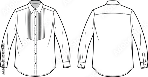 Men’s formal pleated dress shirt vector template with front and back view, long sleeve apparel CAD, fashion flat sketch design