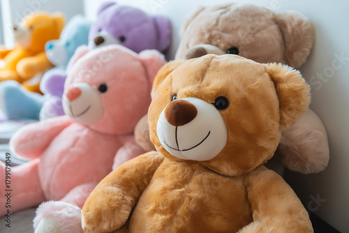 Cute teddy bears , soft plush toys with warm lighting and perfect for nursery decor, some of beautiful teddy bears in bedroom image .