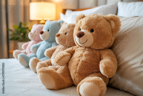 Cute teddy bears , soft plush toys with warm lighting and perfect for nursery decor, four beautiful teddy bears in bedroom image .