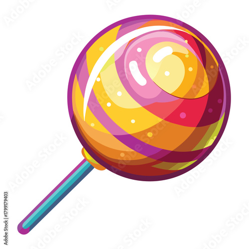 Colorful swirled lollipop candy has a glossy shine on a blue handle on white