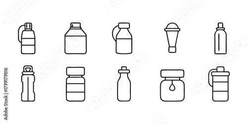 Line drawing shows various container styles including bottles and jars on a white background