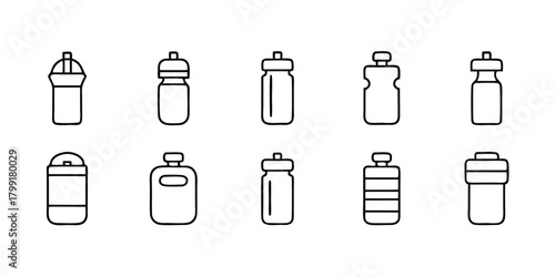Minimalist black outlined water bottle line art icons arranged neatly in rows are visible