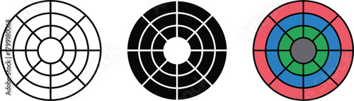 Three concentric circle diagrams with radial and circular divisions , circle, diagram, concentric, radial, division, segment, 