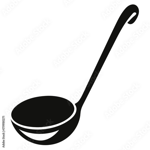 An elegant soup ladle showcases a simple yet refined silhouette against a bright background