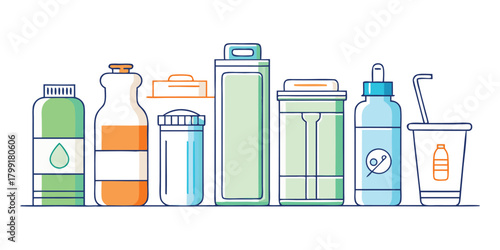 An assortment of liquid containers showcase various shapes and colors, emphasizing cleanliness and recycling initiatives