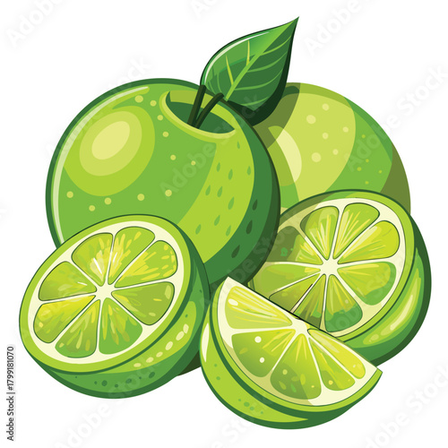 Cartoon lime fruit slices and whole limes are displayed with one vibrant leaf