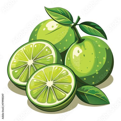 Fresh green limes are grouped attractively with leaves still attached to their stem