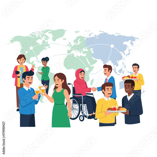 Illustration of a diverse group of people celebrating global connection and inclusion with food and drinks isolated on