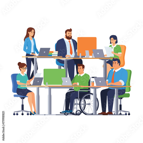A modern office space with diverse employees working collaboratively at desks, promoting teamwork, inclusion, and a positive work environment isolated on