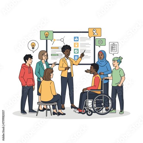 Illustration of a diverse group of people in a meeting, discussing ideas and solutions, representing inclusion, collaboration, and innovation isolated on