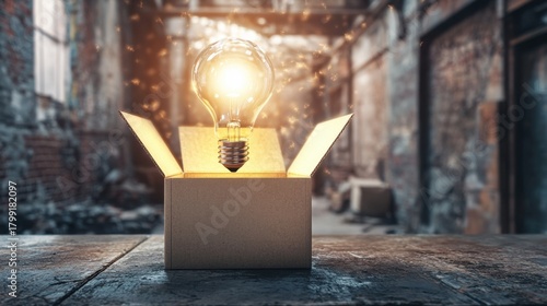 Creative Concept of a Light Bulb Emerging from a Box Symbolizing Innovation and New Ideas in a Rustic Setting
