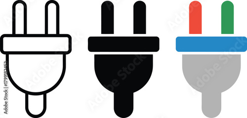 Three Electrical Plug Icons In Outline Black and Color , plug, electrical, power, electricity, socket,