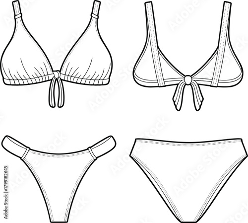 Bikini vector template with front and back view, swimwear fashion flat sketch, lingerie technical drawing, apparel design mockup for clothing brands