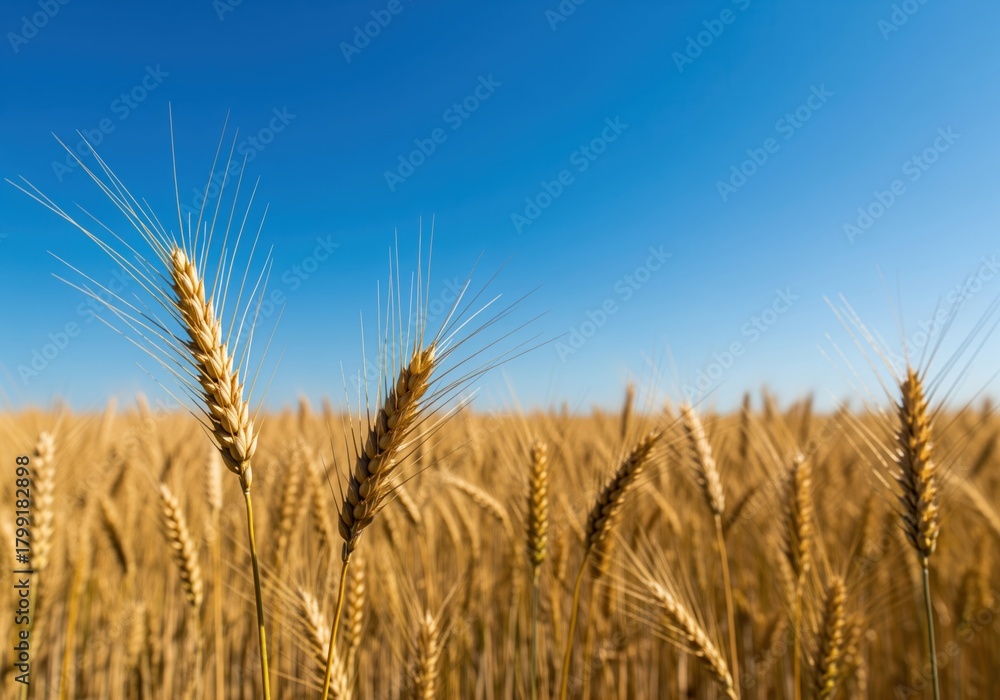 Naklejka premium Ultra sharp golden wheat ears against a vibrant blue sky in a sunny field