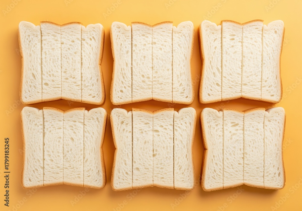 Obraz premium Six perfectly sliced pieces of white sandwich bread arranged in a grid on a bright orange surface.